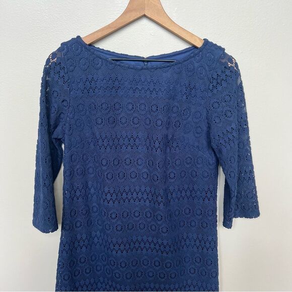 Jessica Howard Lace Overlay 3/4 Sleeve Elegant Navy Lace Sheath Dress Size 8 - Picture 3 of 11